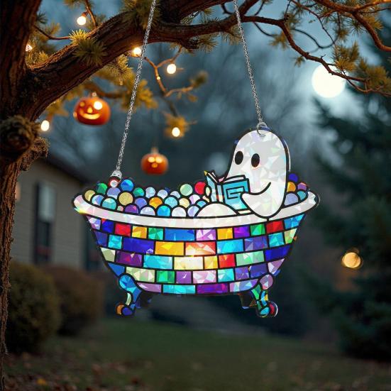 Bath-Time Ghost Reader Ornaments Cute Ghost Reading Book In A Bathtub Acrylic Hanging Suncatcher for Bathroom Window Wall Decoration
