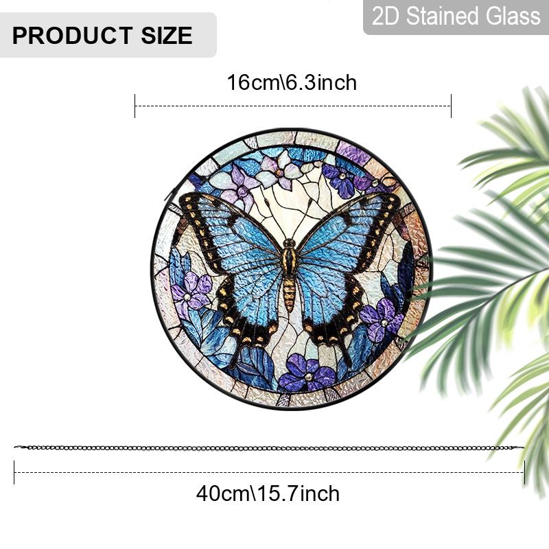 2D Flat Stained Glass Blue Butterfly Window Decoration, Elegant Colored Glass Plate with Chain, Charming Sun Catcher Wall Art Home Garden Decor