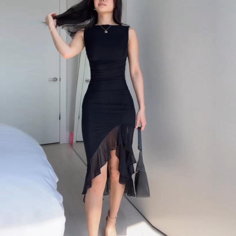 Женское летнее платье в европейском и американском стиле с оборками по подолу, приталенное, без рукавов, однотонное, с открытой спиной