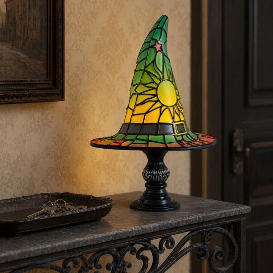 Nostalgie Stained Glass Witch Hat Lamp, USB Powered Night Light for Bedroom Shelf Decor, Halloween Warm Glow Gothic Table Lamp Home Office