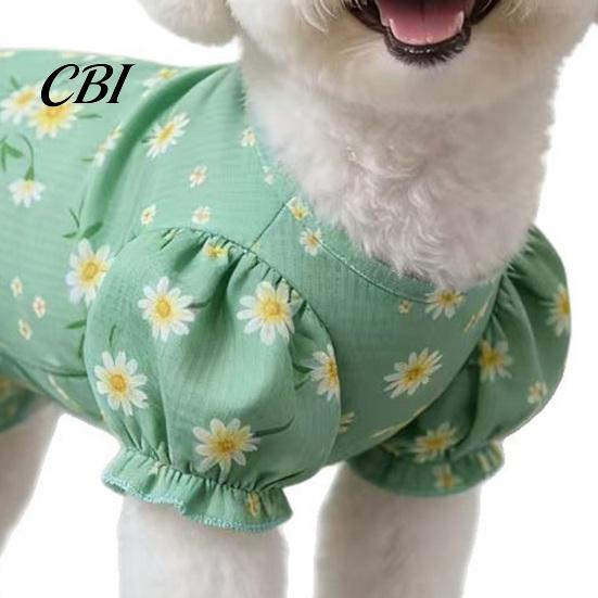 Loose Fit Pet Clothes Green Dog Princess Dress, Floral Ruffled Puff Sleeve Cute Puppy Dress Girl for Small Dogs Summer Female Outfit