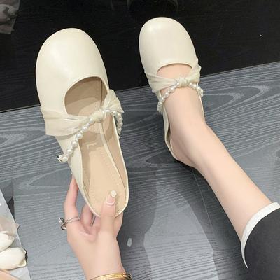 Женские туфли-полусапожки без каблука на плоской подошве для ношения на улице, новые весенне-летние 2025 года, из мягкой кожи, с жемчужной сумкой на носке, полушлепанцы