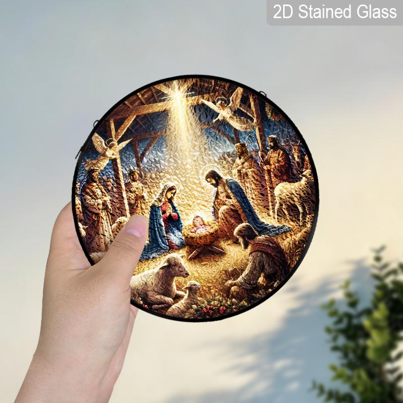 1pc 2D Flat Nativity Stained Glass Suncatcher, 6.3/7.87 Inch Sacred Nativity Scene Glass Suncatcher, Religious Christmas Hanging Ornament Gift