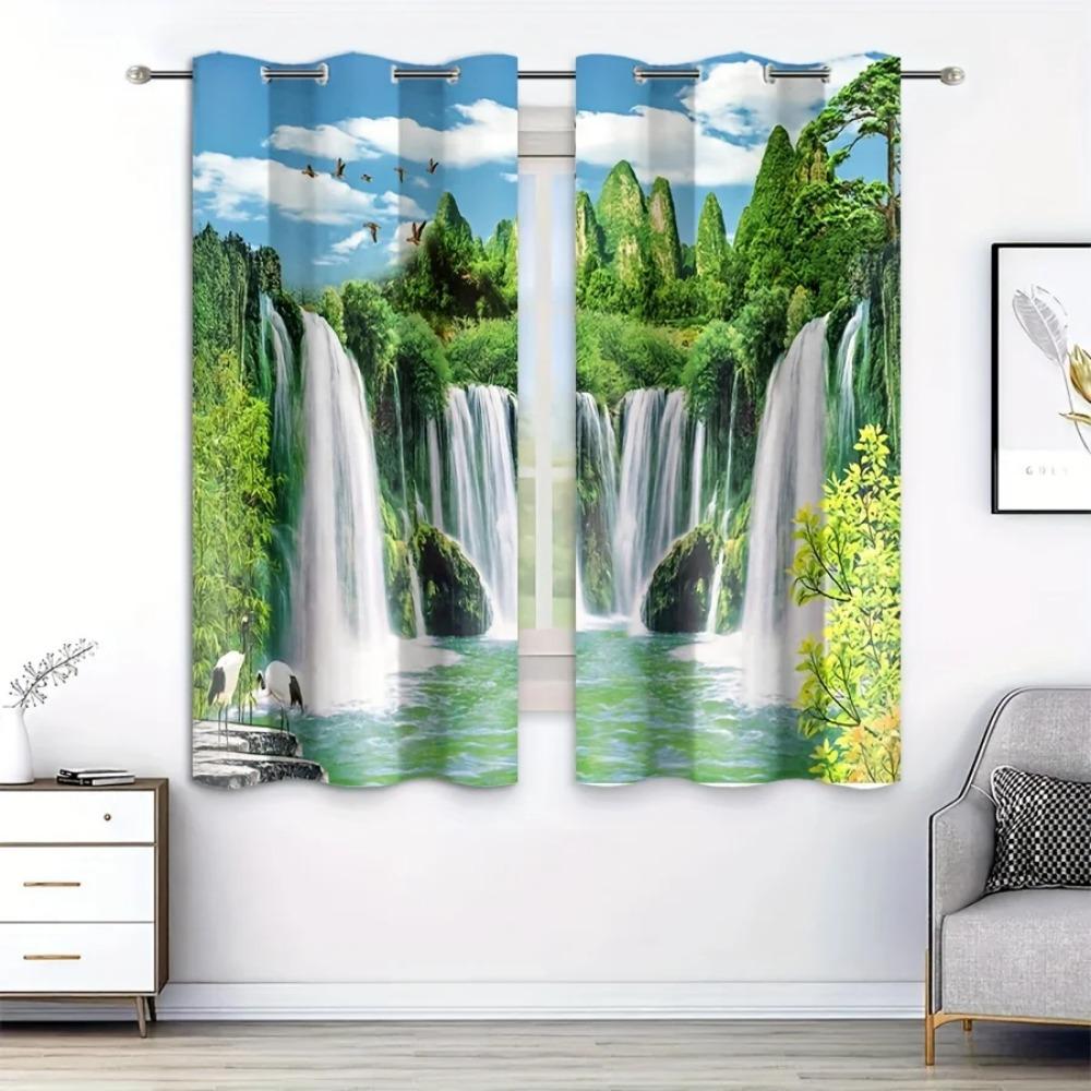 2 шт. Водопад птица журавль напечатанные шторы полиэстер люверс верхняя штора для офиса спальня гостиная природа пейзаж дом