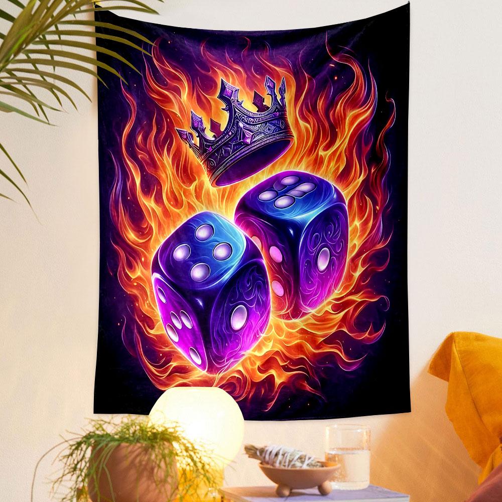 "Flaming Dice with Royal Crown Art" Patterned Tapestry Decorative Wall Hanging, Home Bedroom Living Room Decor