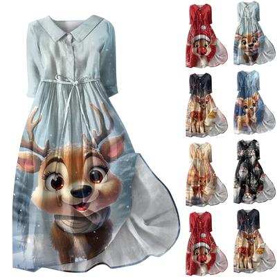 Женское модное рождественское принтовое платье с отворотом, застегивающимся на пуговицы, рукавами-семью точками и завязками