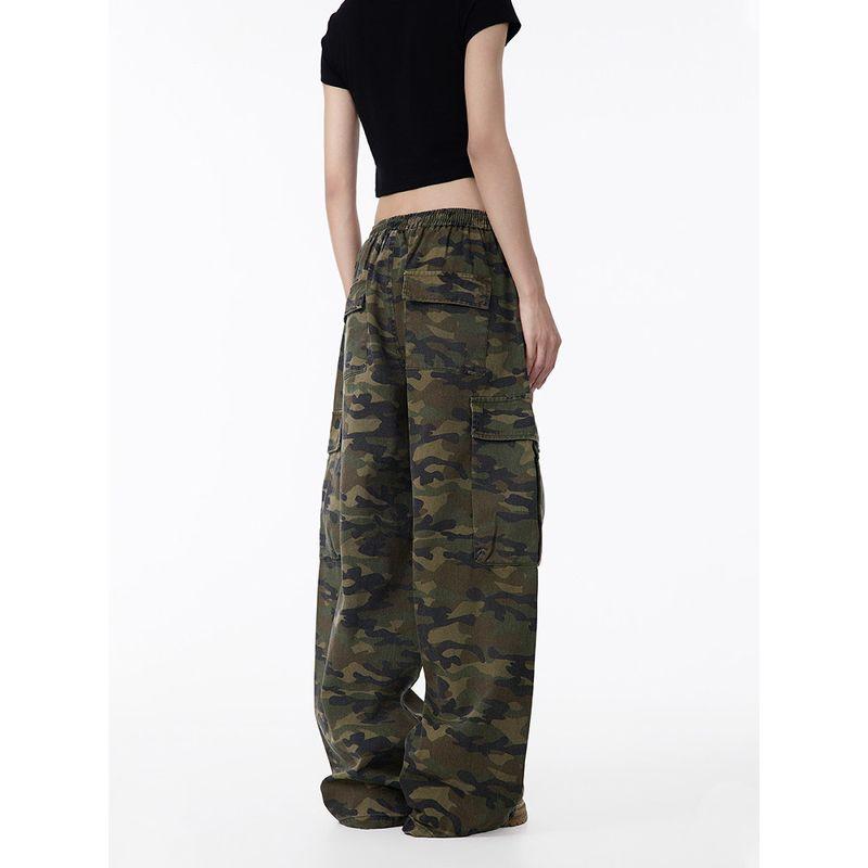 Black of Exit American Retro Camouflage Pocket Cargo Pants Unisex Loose Wide-Leg Slimming Casual Pants Trendy