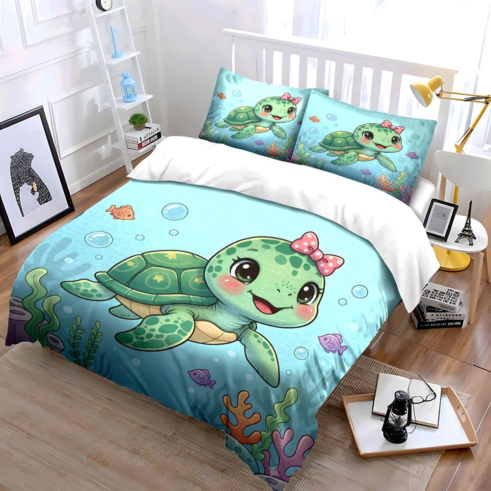 Cartoon Turtle with Pink Bow Bedding Duvet Cover Set (1*Duvet Cover 2*Pillowcases, without duvet insert)