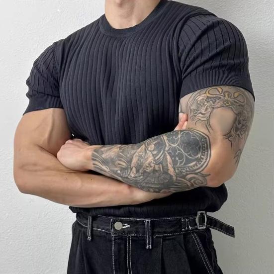 Мужская летняя спортивная футболка трикотажная эластичная эластичная футболка с круглым вырезом Slim Fit сплошной цвет пуловер с короткими рукавами для тренировок в тренажерном зале топ для тренировок