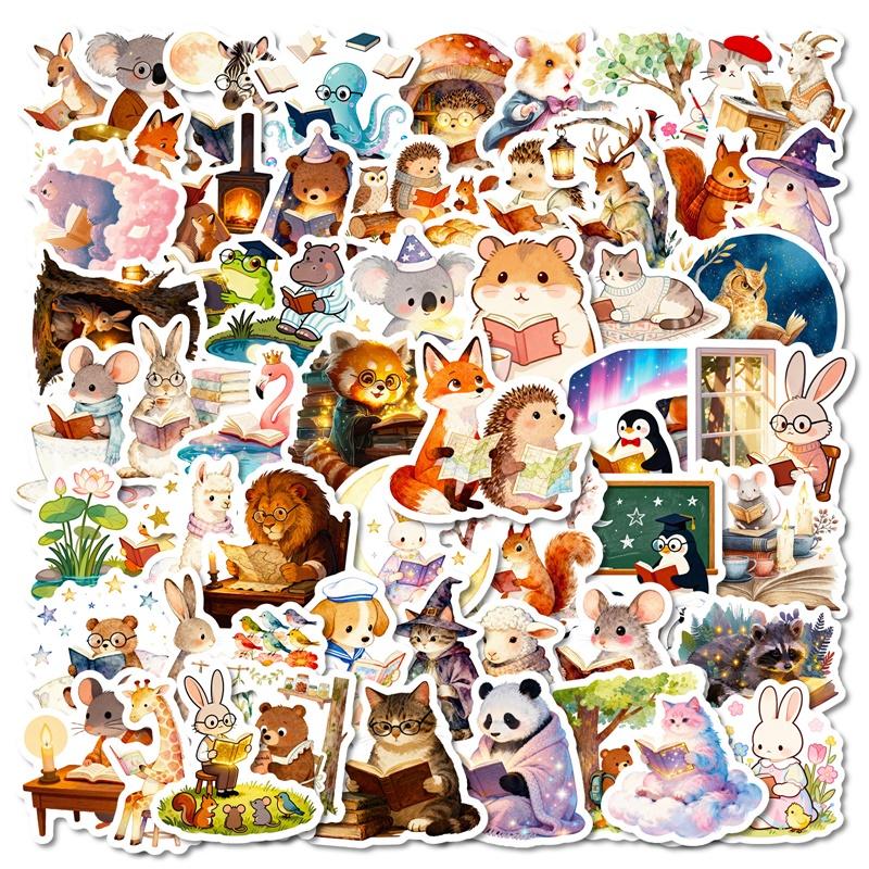 10/30PCS Cartoon Animal Reading PVC Adhesive Sticker DIY Laptop Luggage Skateboard Colored Decoration Scrapbooking for Kids