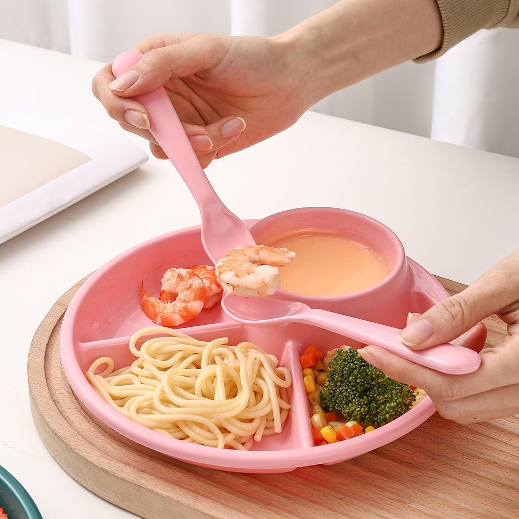 4-Compartment Round Plastic Dinner Plate With Fork Spoon Microwave Safe Fruit Salad Plates Dish For Women Control Diet
