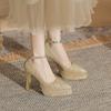 Skinny Pointed Thick Heel Mary Jane High Heels Women's Waterproof Table Satin One-word Button Rice Silver Wedding Shoes Single Shoes