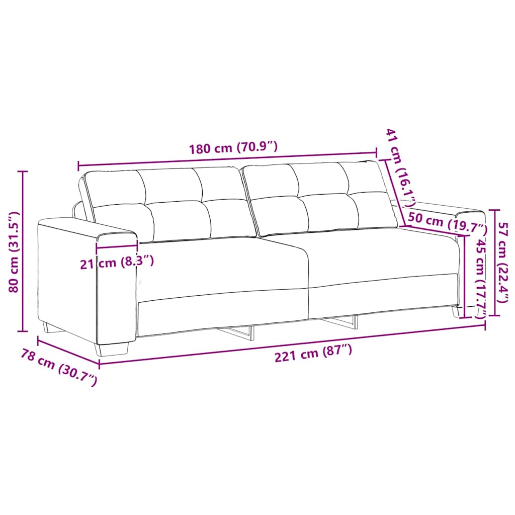 3 Seater Sofa Black 220x78x80 cm Fabric