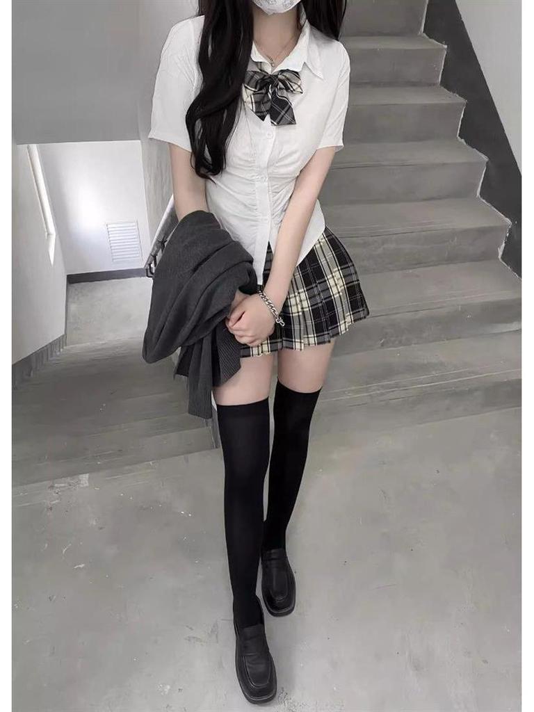 Комплект клетчатой юбки и рубашки в стиле академии: Женский облегающий талию плиссированный костюм-двойка