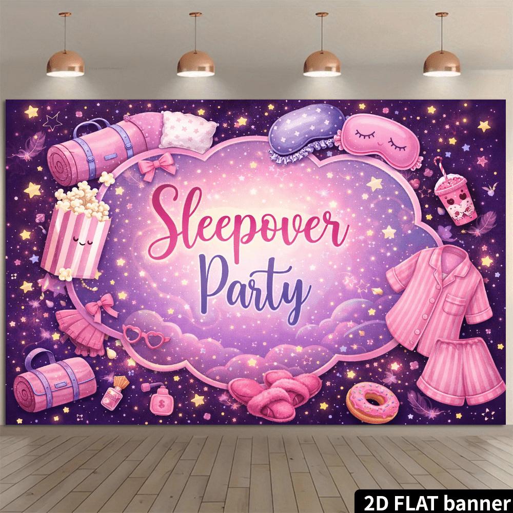2D flat pajama party theme background fabric with the artistic words "Sleepover Party" in the center of the picture