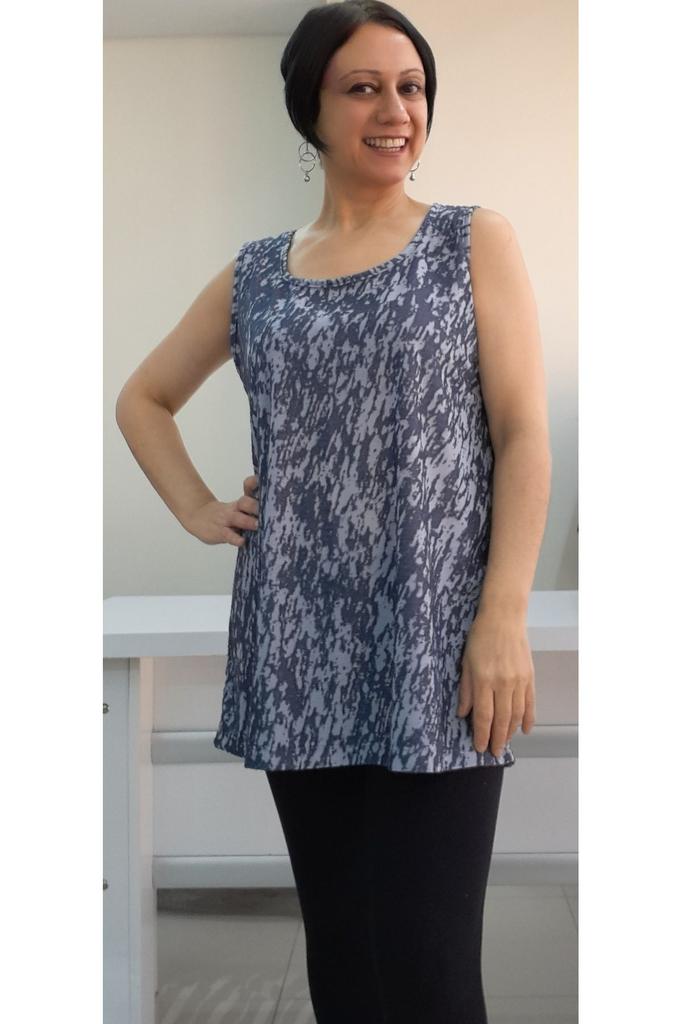 Women's Style Big Size T-Shirt Light Navy Blue (Indigo) Patterned Thick Strap Combed Cotton T-Shirt