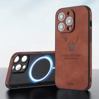 Роскошный кожаный чехол для iPhone 16 15 14 13 12 11 Pro Max iPhone13 iPhone14 для беспроводной магнитной зарядки Magsafe, полные чехлы с оленем