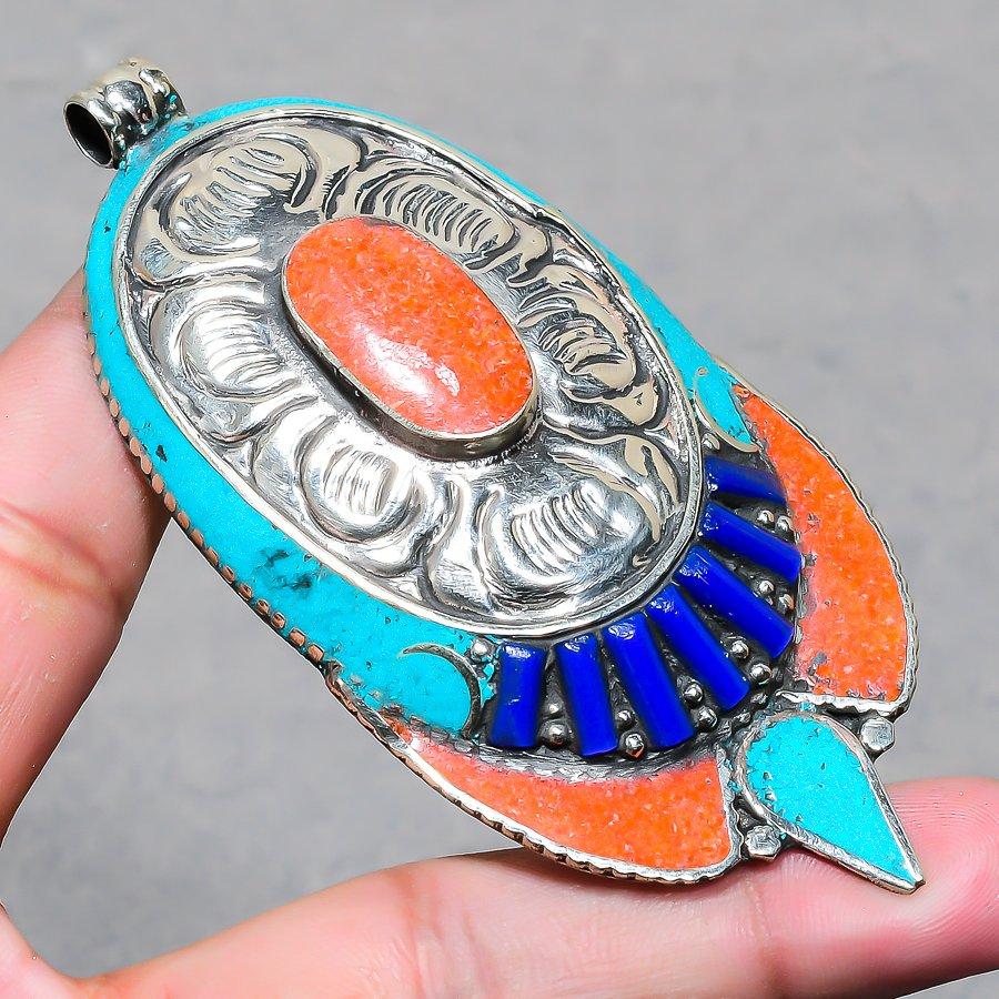Chunky Vintage Nepal Pendant 3.5" Natural Coral Turquoise Lapis lazuli NP 2456