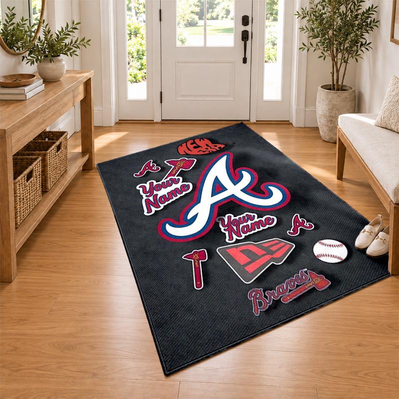 Atlanta Braves Custom Name Personalized Rug Non‑Slip Doormat Floor Carpet Housewarming Birthday Gift for Family Friends