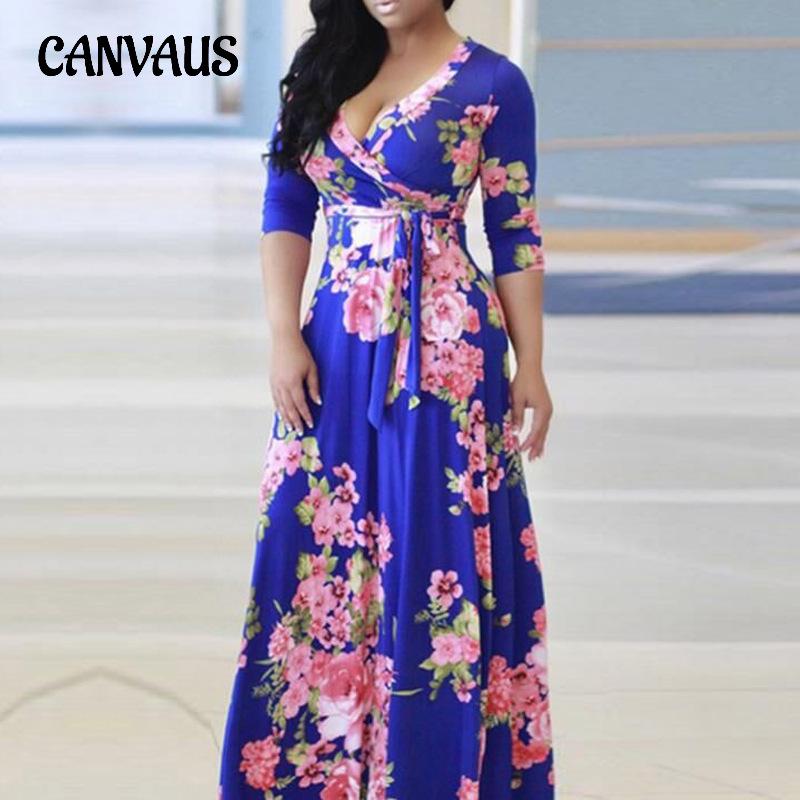 Spring and Autumn Women's Dress V-Neck Printed Swing Dresses Long Dresses