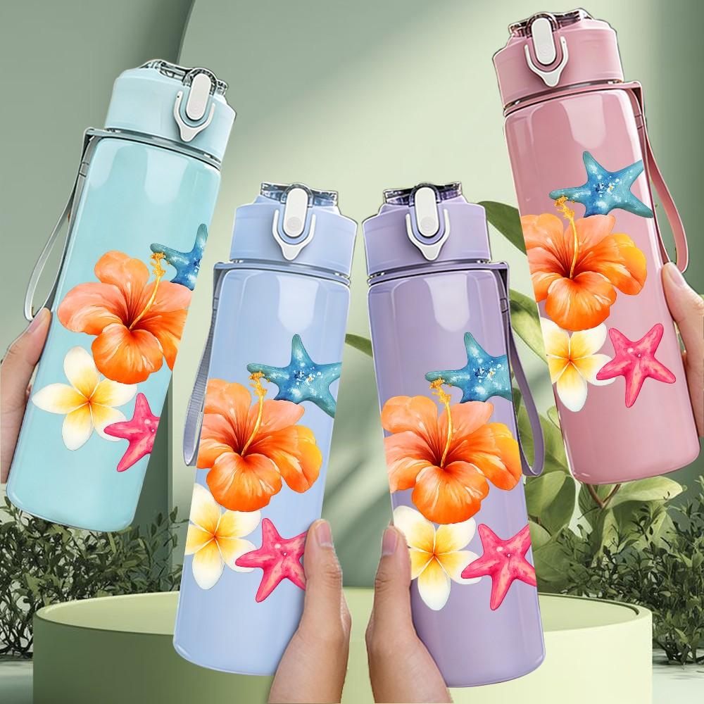 1PC Plumeria Flower Starfish Art 750ml Color Plastic Sports Water Bottle Leakproof Flip Straw Lid Suitable for Sports Office Home Use