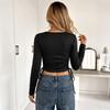 Women S Slim Fit Long Sleeve V Neck T Shirt With Beads And Tie Casual