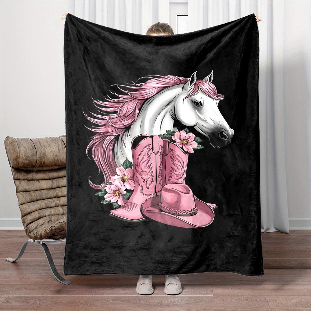 Reversible Cartoon Horse Head Throw Blanket with Cowboy Hat and High Heels - Contemporary Style, All-Season, Non-Woven Polyester