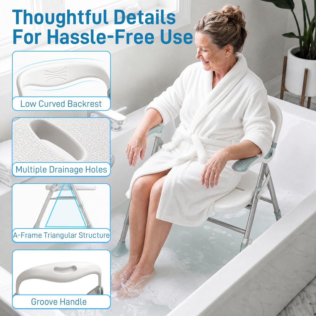 Foldable Shower Chair with Flip-Up Armrests, Shower Stool with Adjustable Height, Tool-Free Assembly, 136 kg