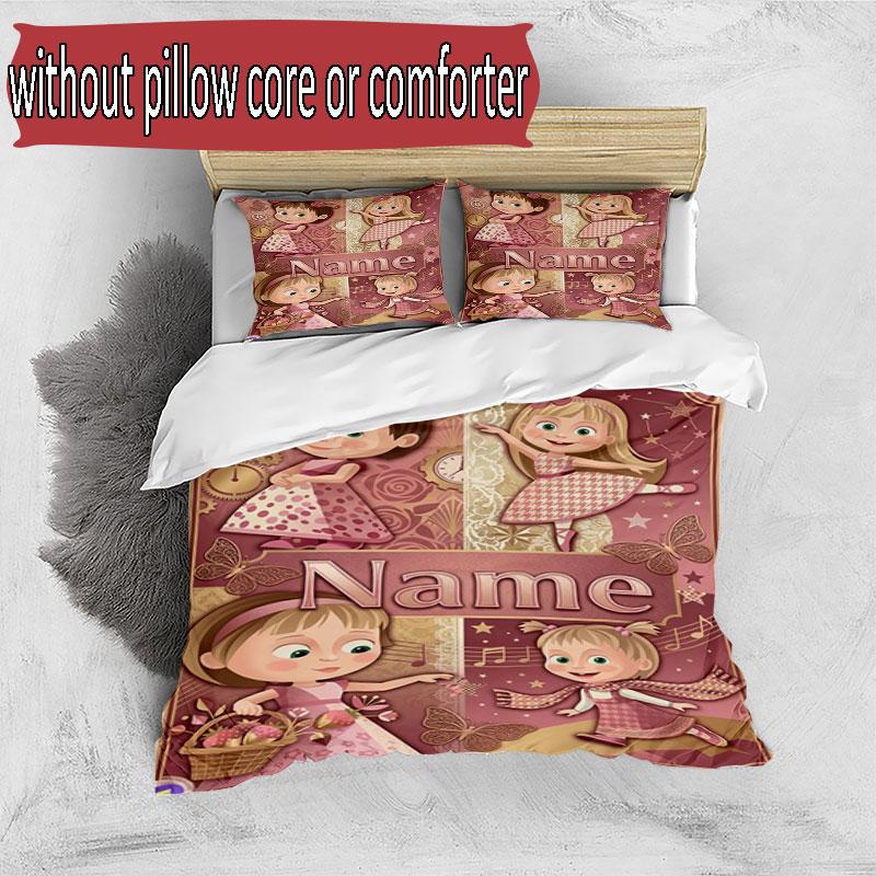 3pcs Duvet Cover Set (1*Duvet Cover + 2*Pillowcase, Without Core), Custom Name Masha and the Bear Pattern Bedding Set, Home Bedroom Decor Gift