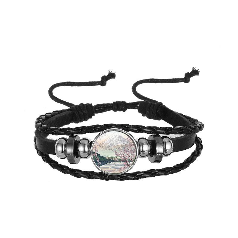 Japanese Wave Leather Bracelet, Ukiyo-e Handwoven Punk Retro Beaded Cord Jewelry