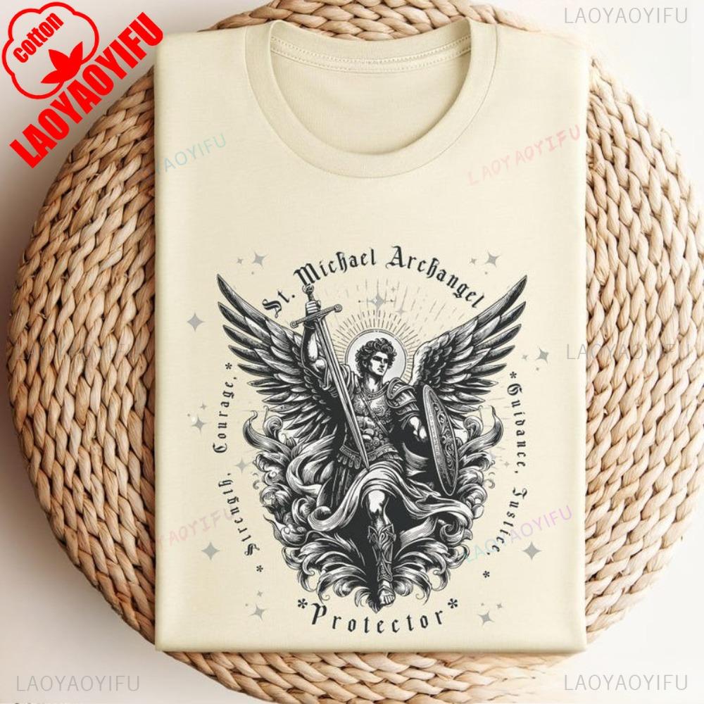 St Michael Archangel Tshirt Catholic Vintage ClipArt Gifts Shirt Retro Church Clothing Devotional Men Women Cotton Tee Tops