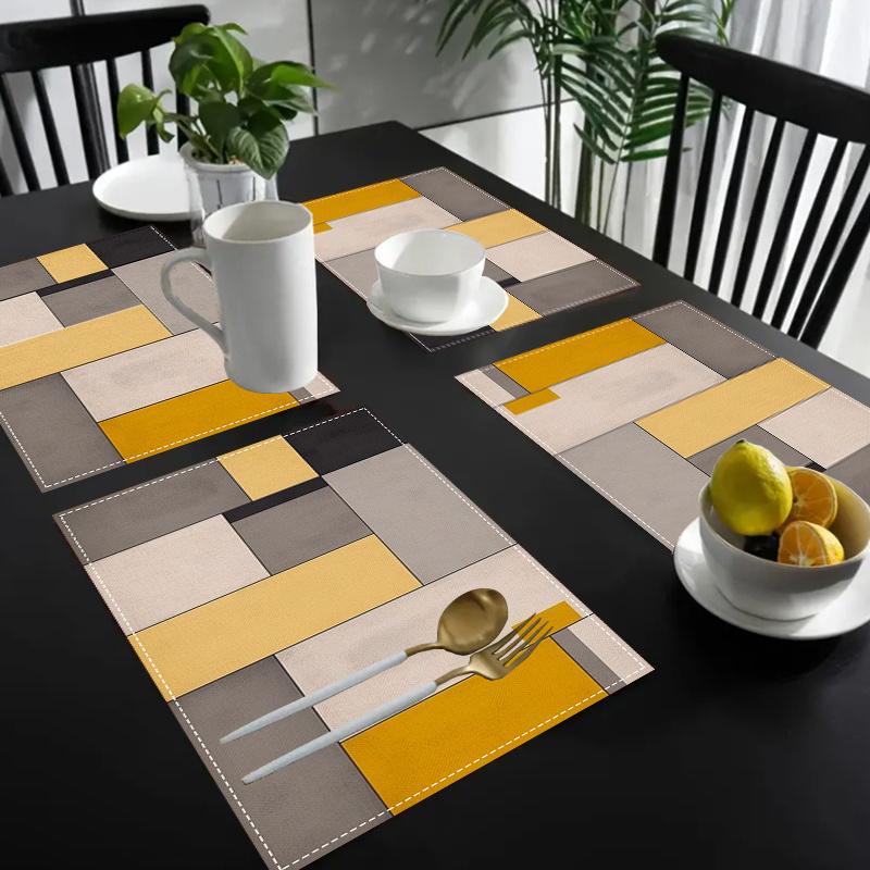 4pcs Modern Geometric Linen Table Mats - 12x18 Inch, Yellow, Gray, and Black Checkered Design for Stylish Dining Decor, Perfect for Home, Kitchen, and