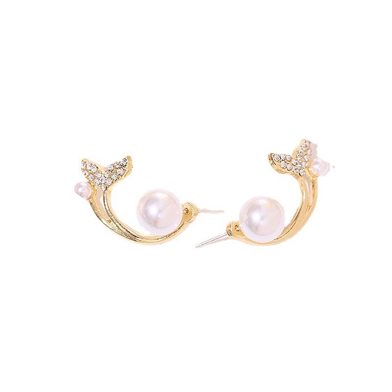 S911 Silver Needle Korea Full Diamond Dongdaemun Fish Tail Pearl Stud Earrings Ear Buckle, New Temperament Stud Earrings E8110