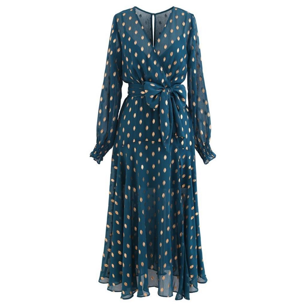 Women's Polka Dot V-neck Long Midi Dress, Spring Autumn Casual Dress for Crossborder