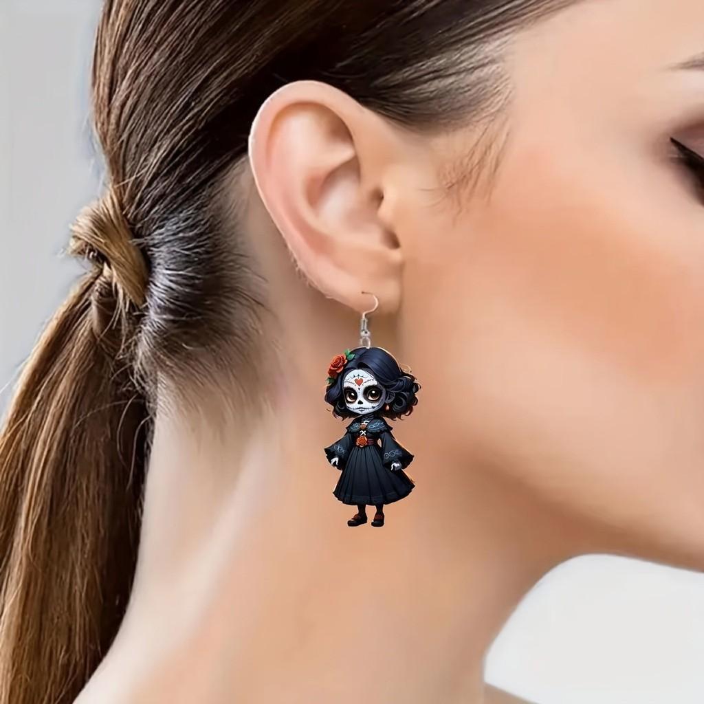 Themed Halloween Black Skull Rose Girl Four Pattern Women Earrings Acrylic