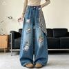 Женские осенние джинсовые брюки с широкими штанинами и граффити - Новый стиль 2026, Средний и Большой размеры, Длина до пола