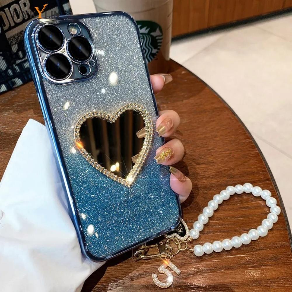 Роскошный чехол для телефона с зеркалом любви и бриллиантами для Xiaomi Redmi Note 14 13 Pro Plus 5G 4G 14S 14 13 Pro, шнурок для подвешивания с жемчужным сердцем