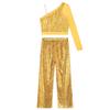 Girls Shiny Sequins Dance Costume Sheer Mesh Long Sleeve One Shoulder Crop Top High Waist Wide Leg Pants