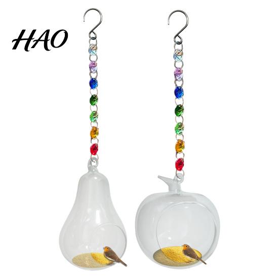 Decorative Glass Bird Feeder Fruit Feeder, Clear Pear with Metal Faux Crystal Chain Feeding Station Hanging Chain, Wild for Garden Patio Backyard