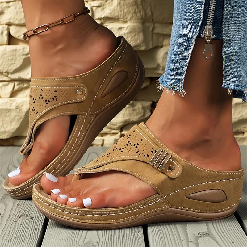 Модные летние женские тапочки Сандалии на танкетке и платформе Богемные пляжные тапочки Удобные шлепанцы Ретро ортопедическая обувь Слайды женские