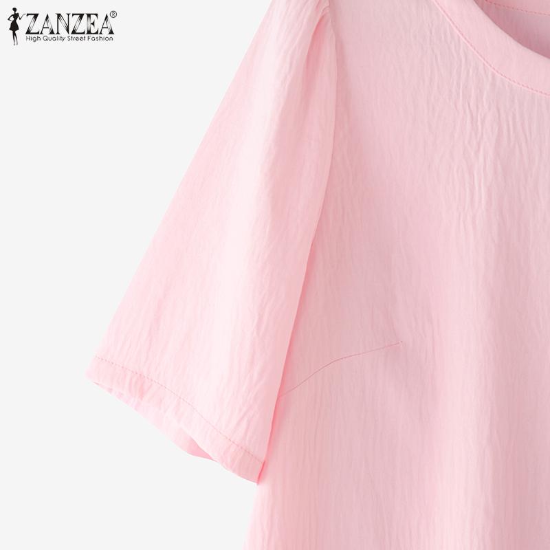 ZANZEA Женские повседневные футболки с круглым вырезом, однотонные, с коротким рукавом