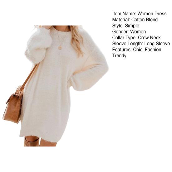Women's Furry Pullover Sweater Dress Fuzzy Slouchy Oversized Long Tops Loose Crew Neck Fall Short Mini Dress