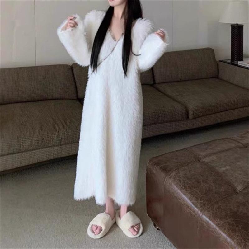 Gentle Wind White Imitation Mink Velvet Medium and Long Pullover Sweater V-neck Loose Lazy Knitted Dress Women's Autumn and Winter