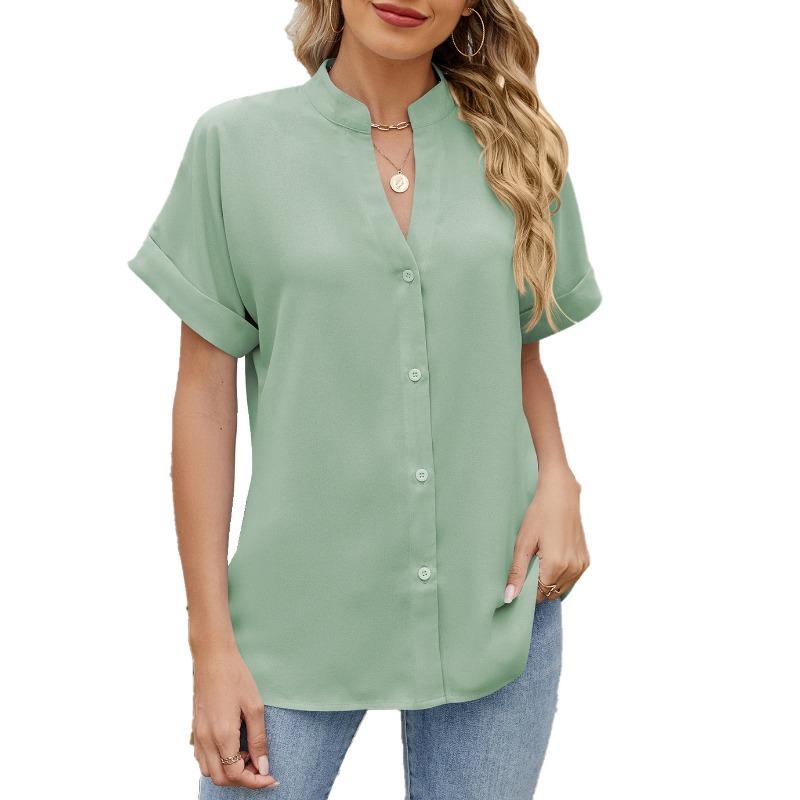 Женская однотонная рубашка свободного кроя с V-образным вырезом и короткими рукавами, застегивающаяся на пуговицы, шифоновая блузка весна/лето