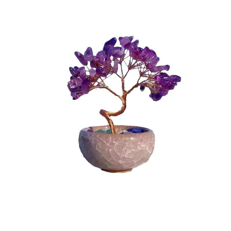 1PC Crystal Colorful Copper Wire Wrapped Natural Home Decor Fashion Tabletop Ornaments Feng Shui Trees Tea Cup Base