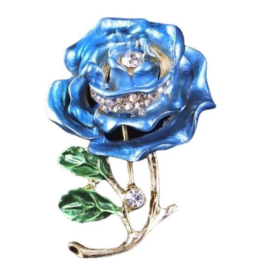 Rose Flower Brooch Green Leaves Rhinestone Oil-Dripping Vintage Sparkling Gift Elegant Business Suit