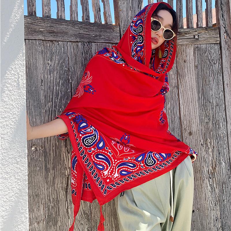 Red print ladies spring autumn summer outdoor sunshade sunscreen shawl scarf silk scarf travel photo shawl tassel