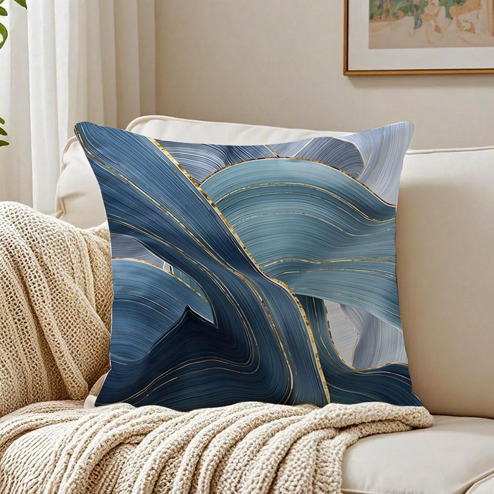 Blue Gold Wave-Shaped Pattern Pillow Case Double-Sided Plush Sofa Cushion Covers Organic Breathable Invisible Zipper