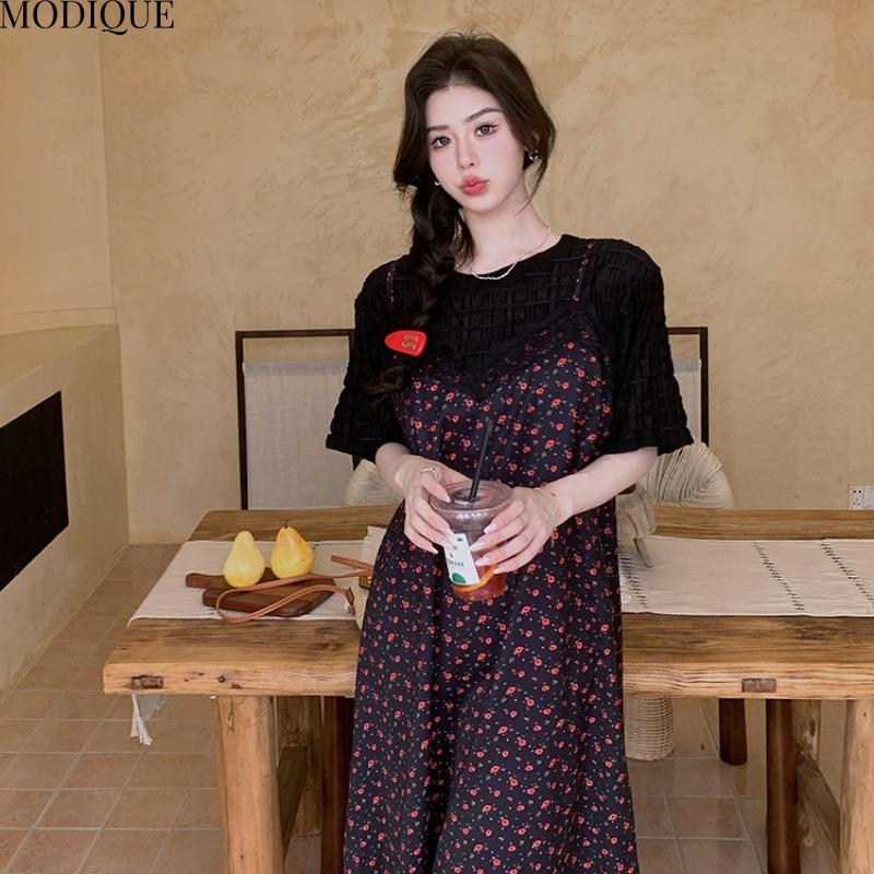 MODIQUE Летние платья больших размеров для женщин, свободные, сладкие, с цветочным принтом, кружевные, плиссированные, длинные, женские, повседневные, с коротким рукавом, с круглым вырезом