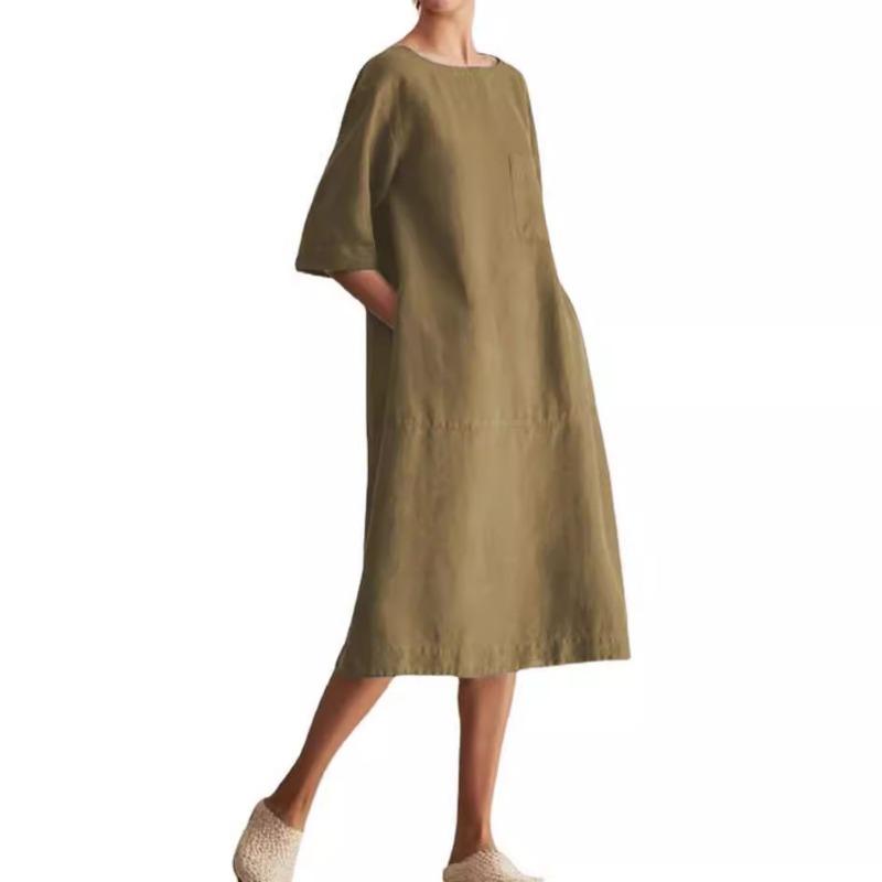 Женское повседневное платье большого размера с круглым вырезом и средней манжетой